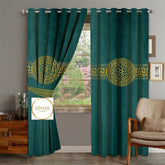 2 Pieces Luxury Velvet Curtain Panels with 2 belts-Green/Gold 001